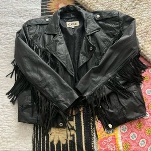 Chia Black Vintage Fringe Leather Coat